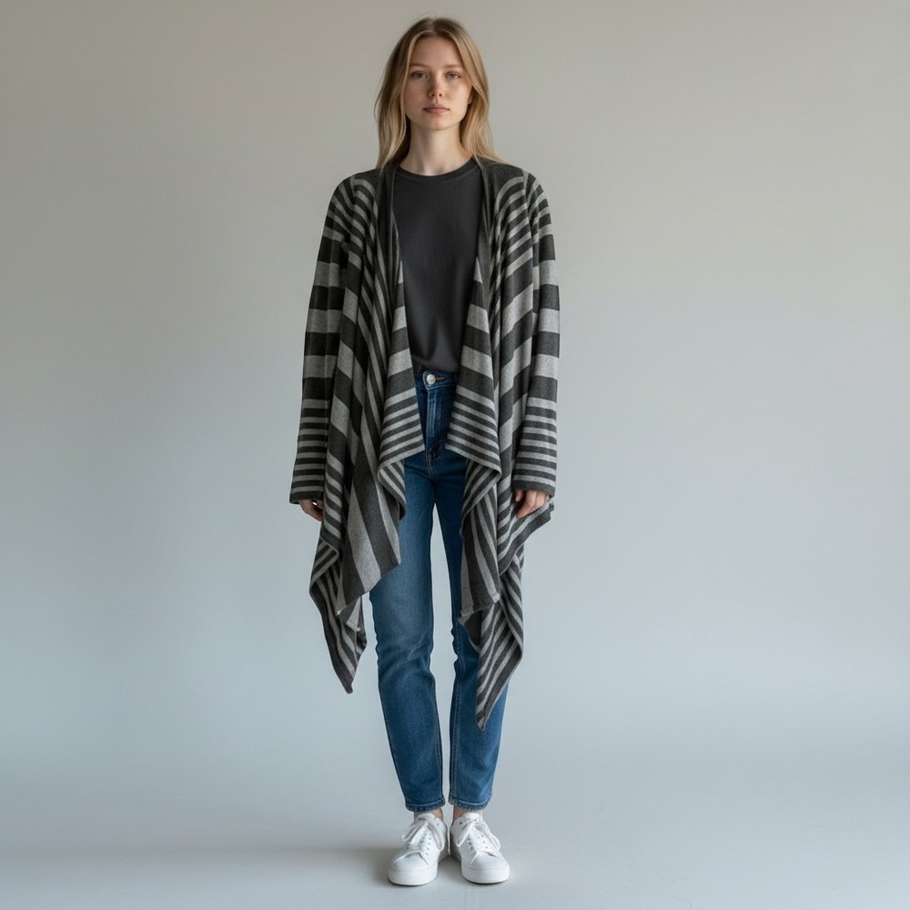 Romeo & Juliet Couture Striped Draped Cardigan Sweater Grey Black Medium M